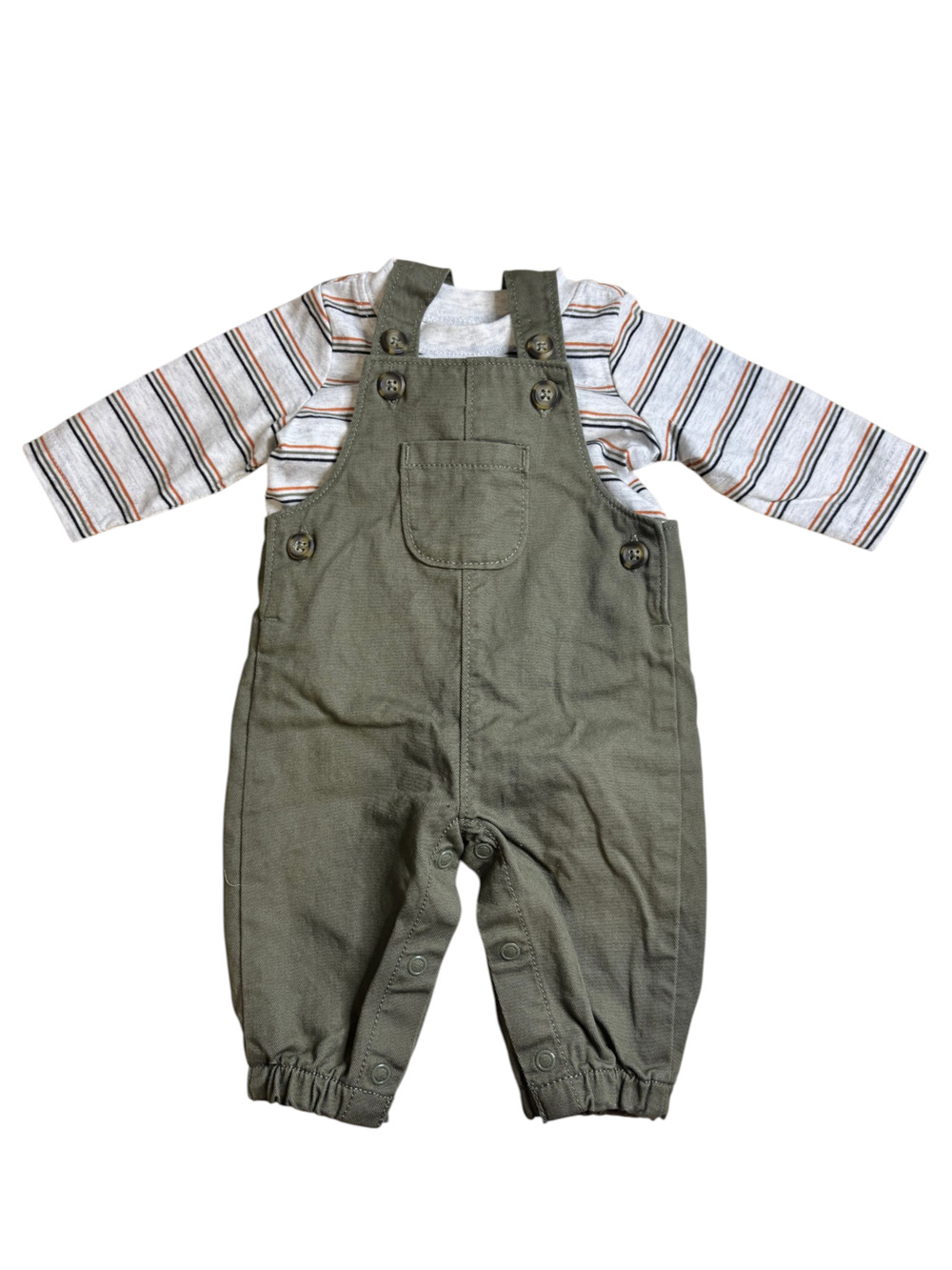 Preloved Baby Boy Olive Green Overalls & Striped Long Sleeve